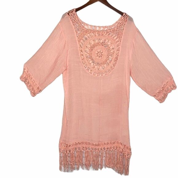 Beach By Exist Boho‎ Fringe Crochet Cover Up Coral - Picture 1 of 9